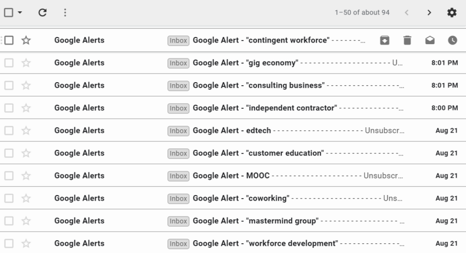 Screenshot example - using Google alerts to research ideal freelance clients