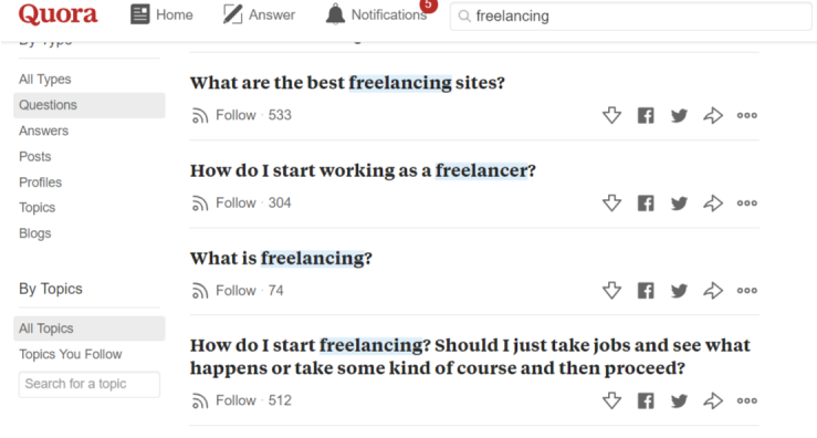 Screenshot example; Using quoara to get more freelance clients
